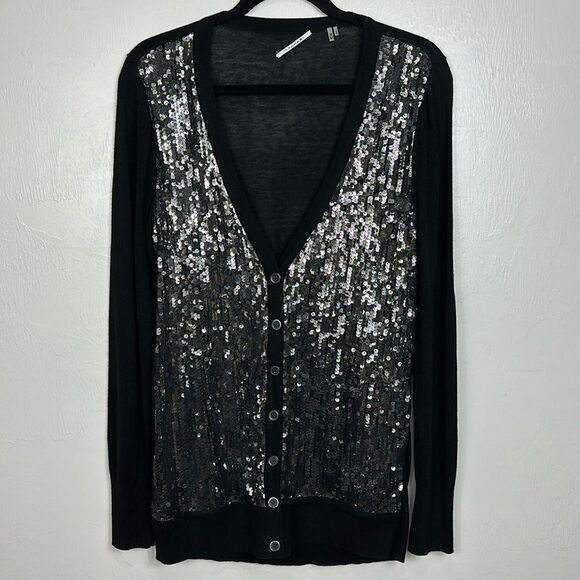 Tahari Sequin Front V-neck Viscose Blend Cardigan Sweater In Black Size M - Picture 2 of 10